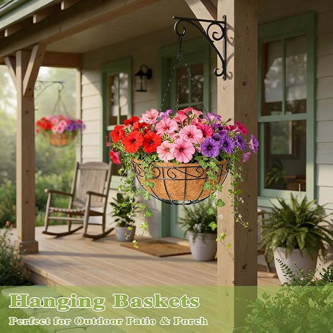 4 Pack 10 Inch Hanging Baskets for Plants Outdoor Metal Hanging Planter Hanging Flower Baskets with Coco Fiber Liners Chain Round Wire Plant Holder Hangings Flower Pots(Plaid)