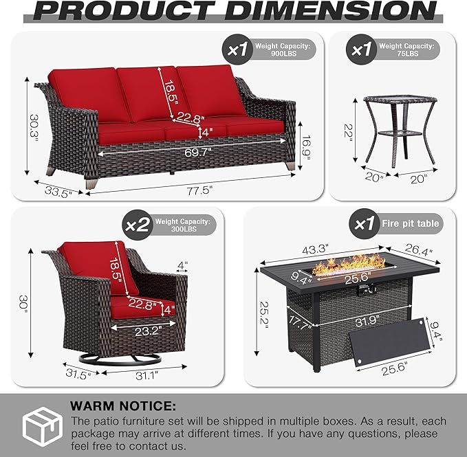 Joyside Wicker Patio Furniture Sets, 5 Pieces Upgraded Large Size Outdoor Furniture with Swivel Rocking Patio Chairs, 3-Seat Sofa, Fire Table, Coffee Table, Thick Cushions, Wide Armrest, Red
