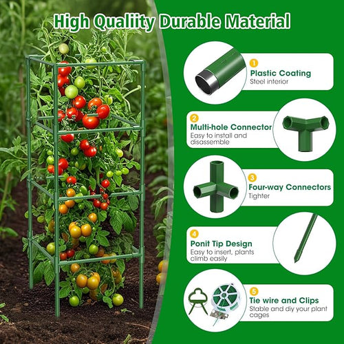 3 Pack Square Tomato Cages for Garden, 42 Inches Heavy Duty Metal Tomatoes Cages Plant Support Stakes Trellis with Clips for Climbing Plants Vegetables Flowers Fruits