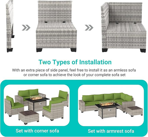 7-Piece Outdoor Patio Furniture Set with 55,000 BTU Fire Pit Table, PE Wicker Rattan Sectional Sofa Patio Conversation Set with Thickened Cushions & Coffee Table, Avocado Green