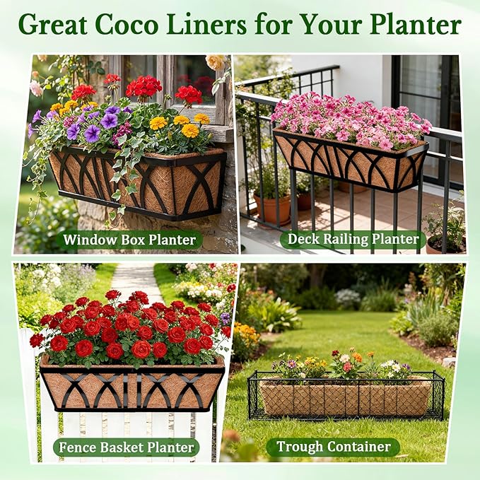 Halatool 4 Pack 30 Inch Coconut Liners for Window Box Pre-Formed Trough Coco Liner Natural Coconut Fiber Liners for Planters Wall Hanging Basket Flower Pot Fence Railing