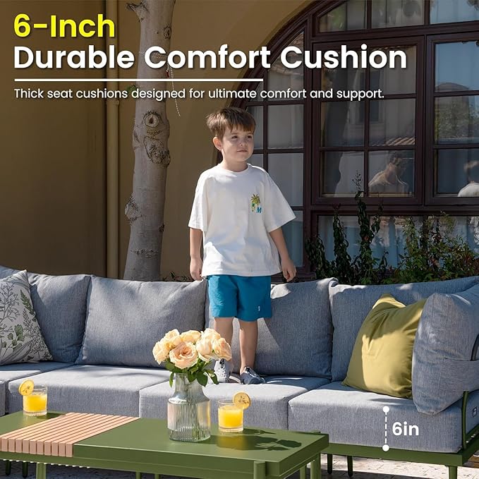 Sundale Outdoor 7 Pieces Metal Patio Furniture Set, Outdoor Sectional Sofa with 6 Inch Olefin Cushion, Modern Outdoor Conversation Sets for Backyard, Poolside, Sunroom