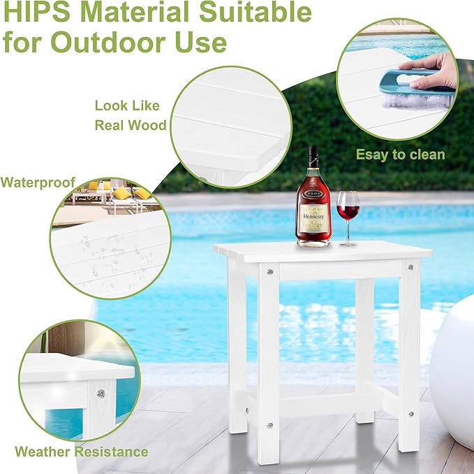 Y&M Outdoor Side Table, HIPS Adirondack Small Single Table, Waterproof Square Outside Table, Balcony Modern End Tables for Patio, Pool, Beach, Porch, Deck, Indoor or Outdoor Use (White, 2 Pack)
