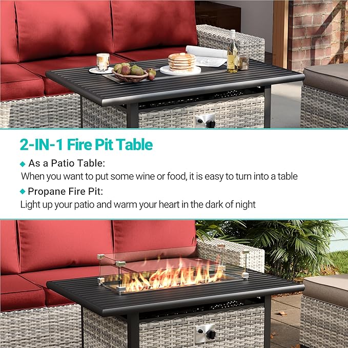13-Piece Outdoor Patio Furniture Set with 55,000 BTU Fire Pit Table, PE Wicker Rattan Sectional Sofa Patio Conversation Set with Coffee Table, Red