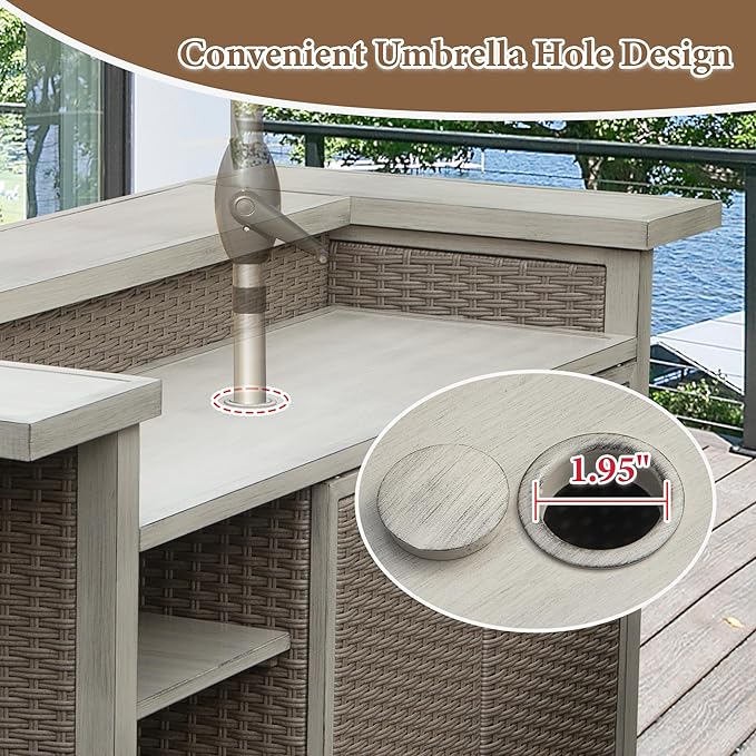 Domi Patio Bar Table, Outdoor Aluminum PE Wicker Bar Cart with Cabinet, All Weather Use Storage Patio Cabinet for Patio Kitchen or Bar Cart, Wood Grain