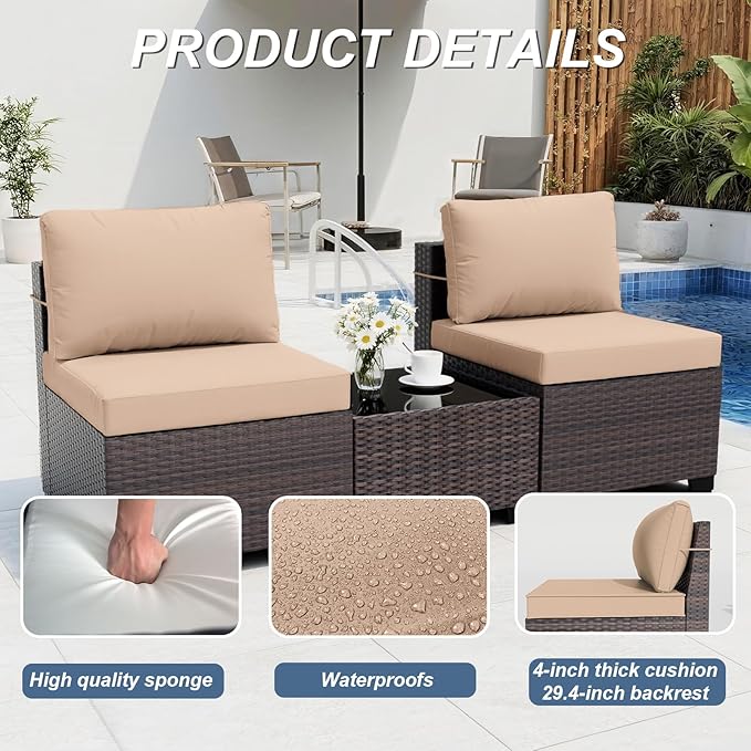 ALAULM Patio Furniture Set with Coffee Table, 14 Pieces Outdoor Sectional with Wide Seat and Thick Cushion, All Weather Wicker Rattan Conversation Set for Backyard, Garden, Deck, Sand