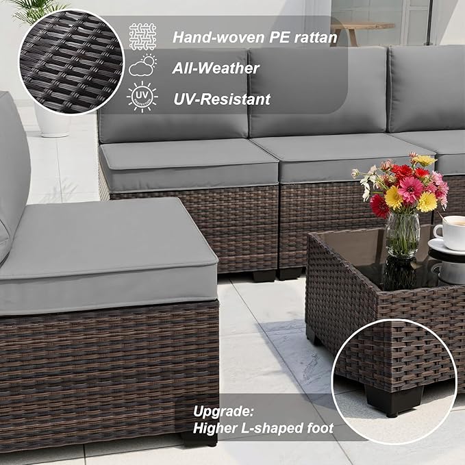 ALAULM Patio Furniture Set with Fire Pit Table 55000 BTU, Outdoor Sectional with Wide Seat and Thick Cushion, 15 Piece Wicker Rattan Conversation Set with Coffee Table for Garden, Deck, Grey
