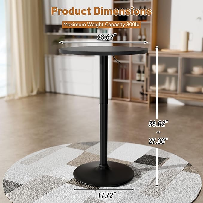 Flamaker Round Bistro Pub Table 23.6 Inch Height Adjustable 360° Swivel Bar Table Metal Base for Pub, Dining Room, Party (4, Full Black)