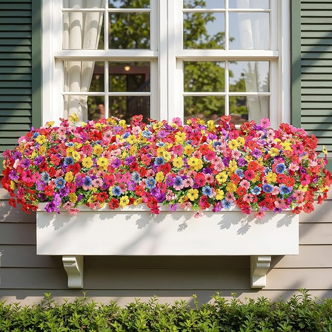 Alupssuc 32 Bundles Artificial Flowers for Outdoors Decoration, UV Resistant Silk Faux Floral Spring Fake Plastic Plants Greenery for Outside Indoor Home Garden Porch Window Box Decor, Mix 6 Colors