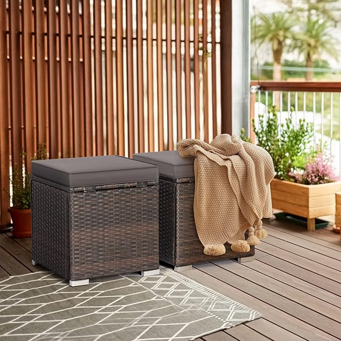 RELAX4LIFE Wicker Outdoor Storage Ottoman, 2-Piece Rattan Footstool w/Removable Cushion, Multipurpose Footrest Stool Side Table Additional Seating, Set of 2 Outdoor Ottomans for Patio Deck (Grey)