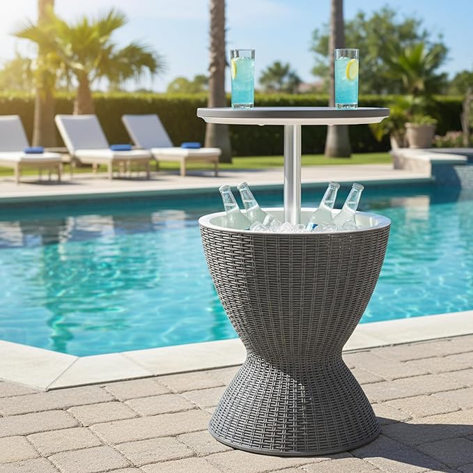 Tangkula Outdoor Cool Bar Table, Rattan Patio 8 Gallon Beer & Wine Cooler, All-Weather Ice Bucket w/Height Adjustable Top, Drainage Plug, 3-in-1 Cocktail Bar Table for Party, Barbecue, Picnic (Grey)