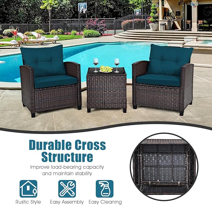 Tangkula 3 Pieces Patio Furniture Set, PE Rattan Wicker 3 Pcs Outdoor Sofa Set w/Washable Cushion and Tempered Glass Tabletop, Conversation Furniture for Garden Poolside Balcony (Prussian Blue)