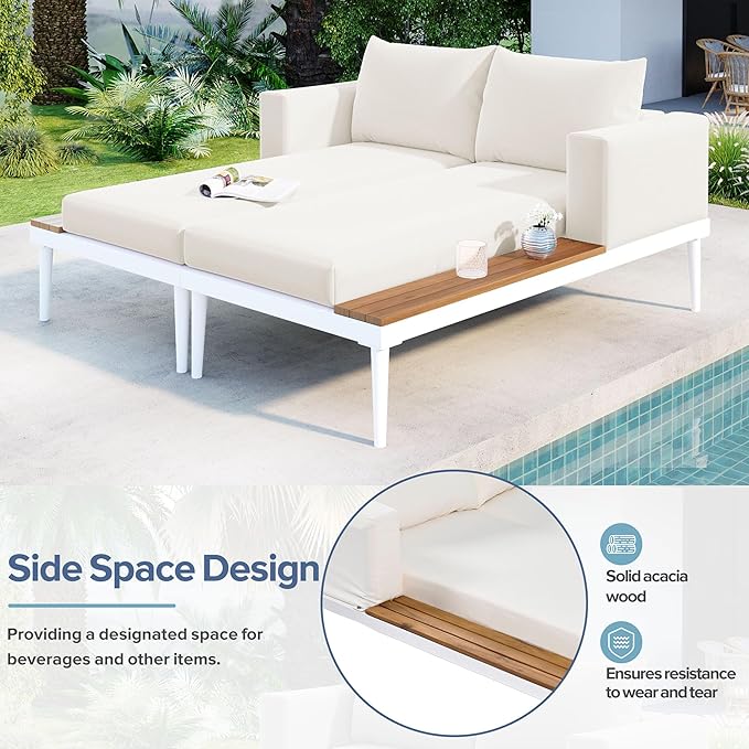 Outdoor Patio Metal Daybed with Wood Topped Side for Drinks, 2 in 1 Padded Chaise Lounge Chair with Cushions & Pillows, Outdoor Double Sun Lounger for Lawn Garden Poolside, Beige