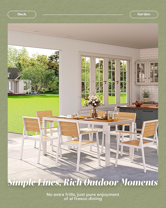 Outdoor Dining Chairs Set of 2, HDPS + Aluminum Patio Dining Chairs with Ergonomic Design and Wide Seat, 2 Piece Outdoor Chairs for Garden, Backyard, Deck (White-Teak)