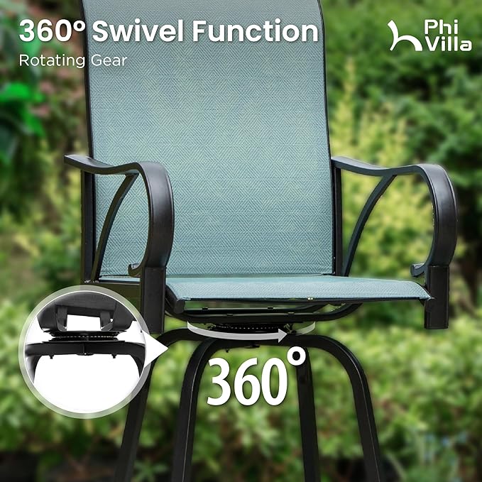 PHI VILLA 5 Piece Outdoor Bar Set, High Top Patio Bistro Bar Table and 4 Outdoor Swivel Bar Stools Chairs with Teal Textilene Fabric for Outside, Balcony, Garden and Yard