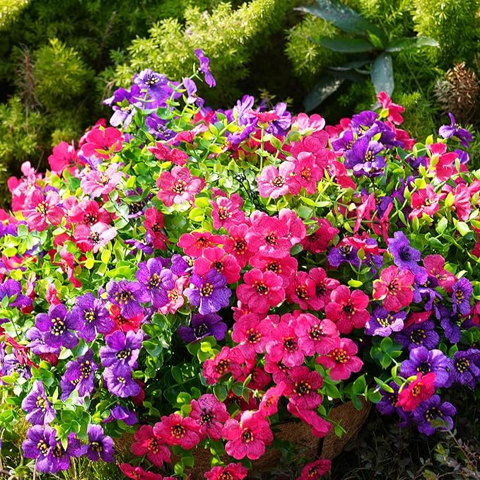 Artificial Flowers for Outdoor, UV Resistant Fake Silk Flowers, Realistic Faux Plants for Outside Indoor Porch Patio Window Box Planter Home Decor (20, Purple Rosy Pink)