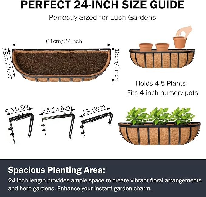 24“ Window Box Railing Planter with Coco Liner Metal Wall-Mounted Coconut Liner Planter Basket English Horse Trough Planters for Outdoor Deck Balcony Porch Fence Patio Black (4 Pack)
