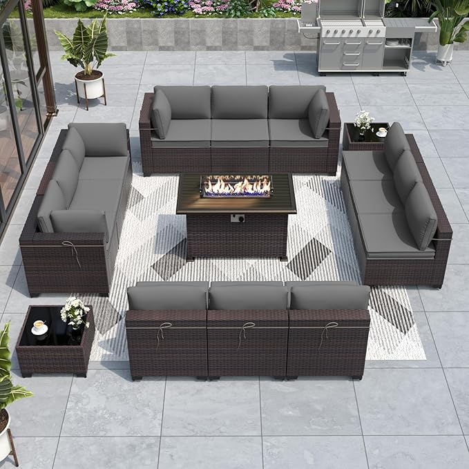 ALAULM Patio Furniture Set with Fire Pit Table 55000 BTU, Outdoor Sectional with Wide Seat and Thick Cushion, 15 Piece Wicker Rattan Conversation Set with Coffee Table for Garden, Deck, Grey