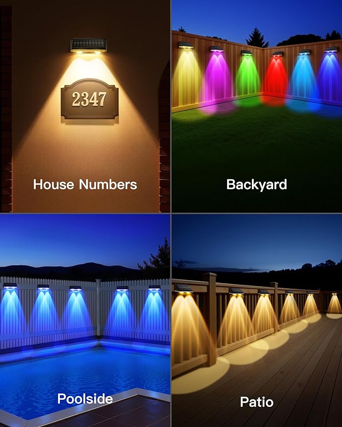 Solar Fence Lights Outdoor, 2 Pack IP65 Waterproof Fence Lights Solar Powered with Ultra-Bright LED Lens, 9 Color Modes, 12+ Hours Steady Glow for Deck/Backyard/Patio/Pool/Wall - Black