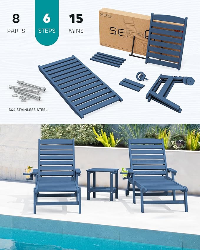 SERWALL Patio Chaise Lounge Chair Set of 4, 5 Positions Adjustable Poly Outdoor Lounger for Pool, HDPE Lounge Chair with Rolling Wheels & Cup Holder for Poolside, Deck, Blue