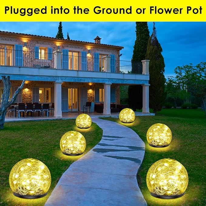 Solar Garden Lights, 2 Pack 80 LED Cracked Glass Solar Globe Lights Outdoor Decoration, Upgraded Waterproof Warm White Ball Lights for Yard Pathway Patio Lawn Christmas Outside Decor, 5.9"
