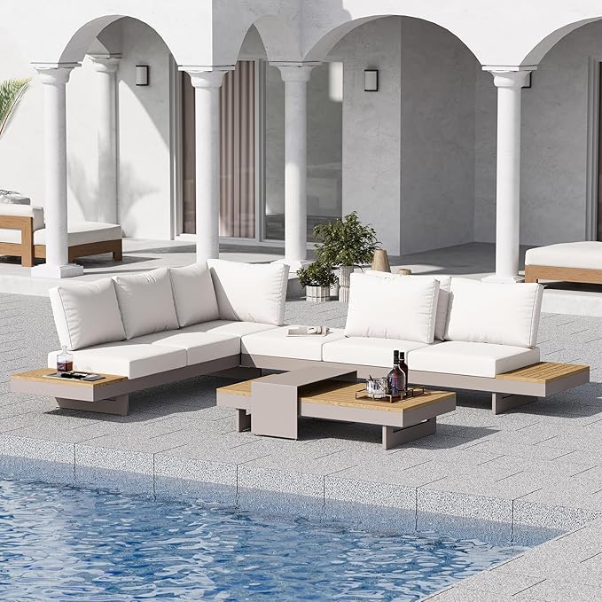 homary 6 Piece Aluminum & Teak Outdoor Sofa Set, Patio Sofa Seat L-Shaped Outdoor Sectional Sofa Set with Adjustable Backrests/Waterproof/Fade Resistant Cushions Ideal for Patios/Balconies,Light Gray