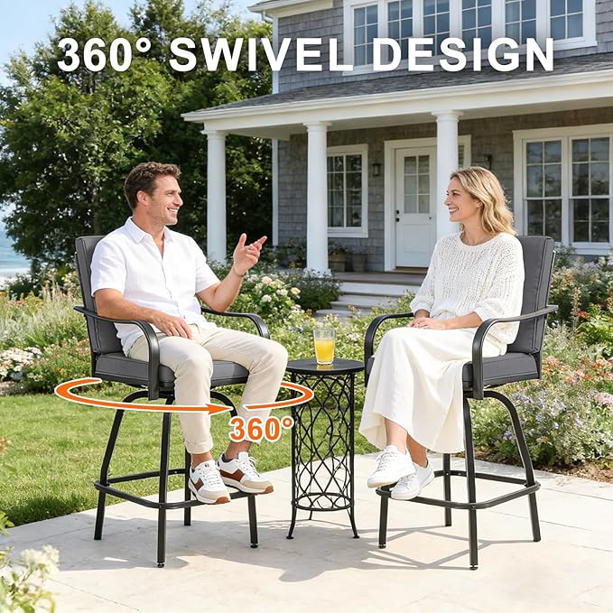 Patio Swivel Bar Stools Set of 2, Outdoor Bar Height Swivel Chairs with Cushions for Garden Balcony Backyard, Grey