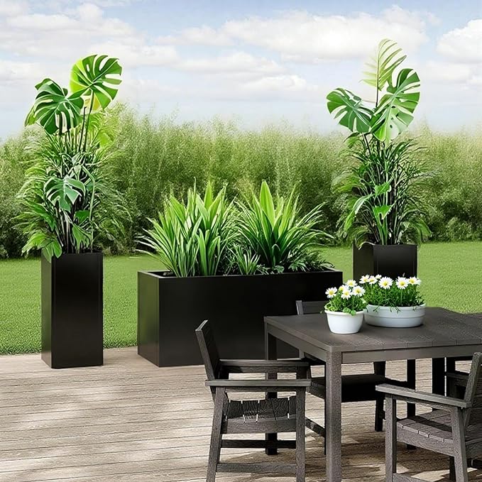 Galvanized Steel Planter Black Metal Outdoor Planter Powder Coated 32" x 12" x 16" Pot Metallic Heavy Pot Indoor & Outdoor, Commercial & Residential (L32 x W12 x D16, Black)