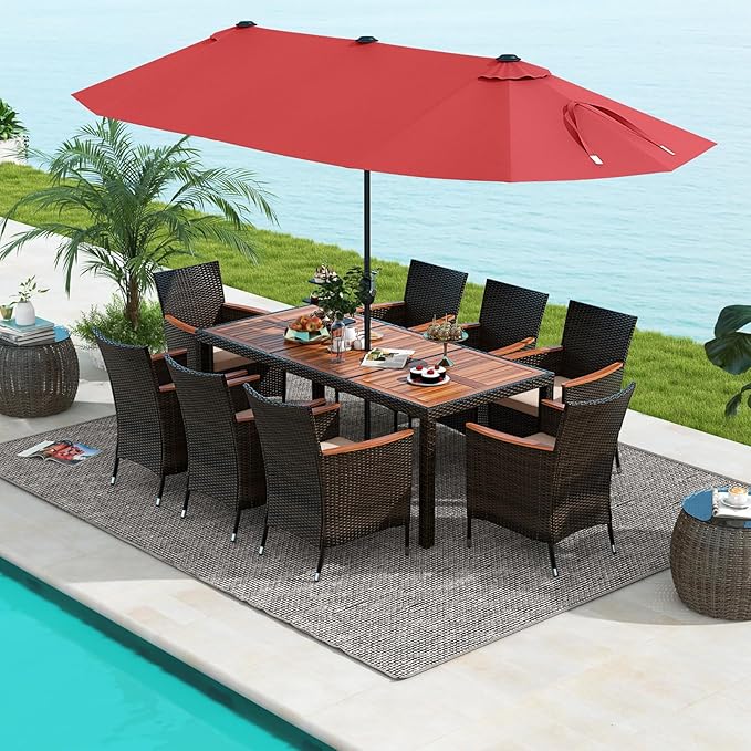 Tangkula 11 Piece Rattan Outdoor Dining Set with 15Ft Patio Umbrella for 8, Outdoor Wicker Table Set with 8 Cushioned Armchairs, Acacia Wood Top, Outdoor Umbrella with Base Included