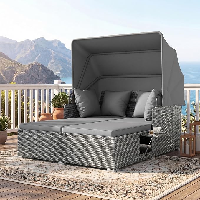 ORALNER Outdoor Daybed, 2-Person Wicker Patio Sofa with Retractable Canopy, Cushions & Pillows, 2 Side Trays, PE Rattan Double Sunbed for Deck Poolside Garden Balcony Backyard (Gray, Mix Gray)