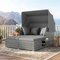 ORALNER Outdoor Daybed, 2-Person Wicker Patio Sofa with Retractable Canopy, Cushions & Pillows, 2 Side Trays, PE Rattan Double Sunbed for Deck Poolside Garden Balcony Backyard (Gray, Mix Gray)