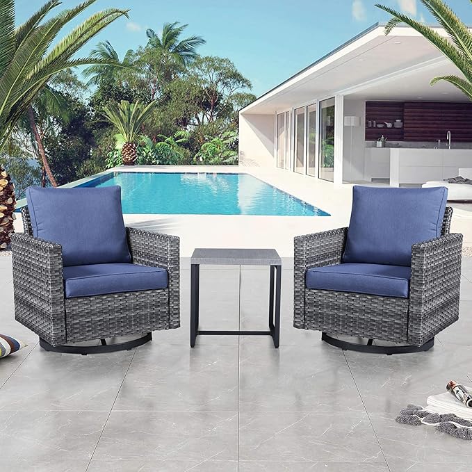 Belord Outdoor Bistro Set 3 Piece Wicker Swivel Rocker Patio Chairs, Oversize Outdoor Rattan Seating Set, Patio Swivel Glider Chairs Wicker Furniture with Metal Side Table for Outside Porch Backyard