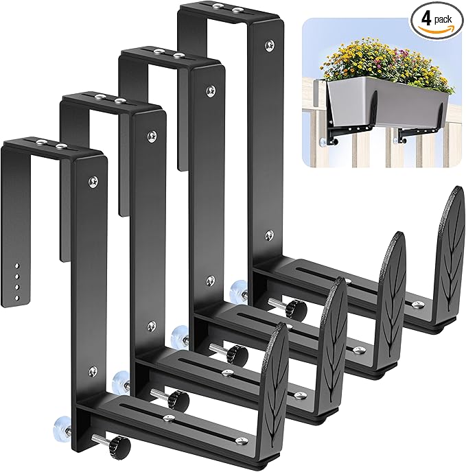 Window Box Brackets, Adjustable Planter Box Brackets, Heavy Duty Iron Flower Box Bracket for Deck Railing with Upgraded Bottom Support - Ideal for Balconies, Fences, and Gardens (4 Pack)