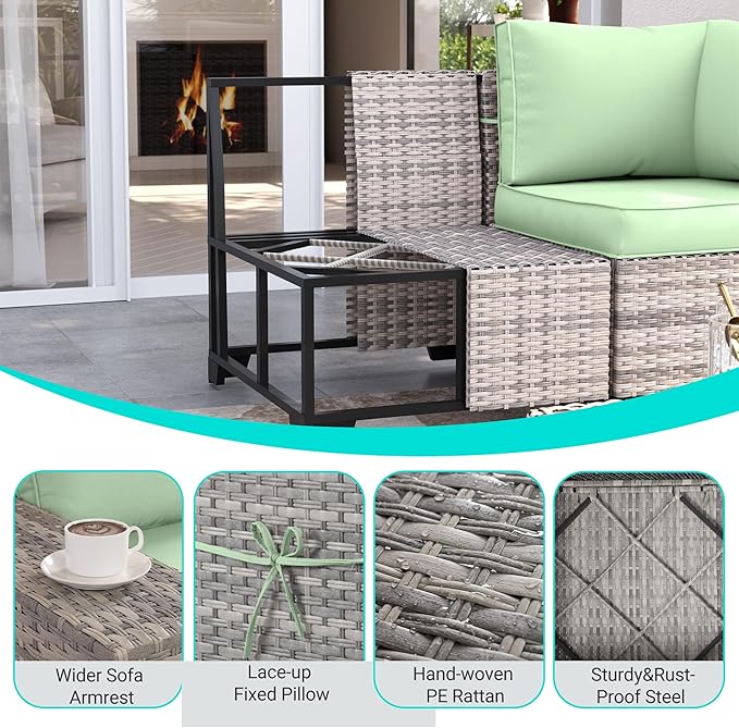 13-Piece Outdoor Patio Furniture Set with 55,000 BTU Fire Pit Table, PE Wicker Rattan Sectional Sofa Patio Conversation Set with Coffee Table, Light Green