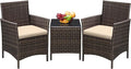 Greesum 3 Pieces Patio Furniture Sets Outdoor PE Rattan Wicker Chairs with Soft Cushion and Glass Coffee Table for Garden Backyard Porch Poolside, Brown and Beige