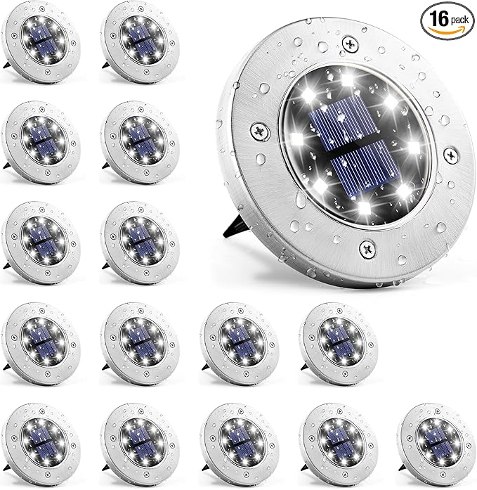 GIGALUMI Solar Ground Lights - No-Drill Fence Lighting Solution, Waterproof Perimeter Lights Compatible with Wood, Metal & Concrete Fences (16 Pack Cool White)