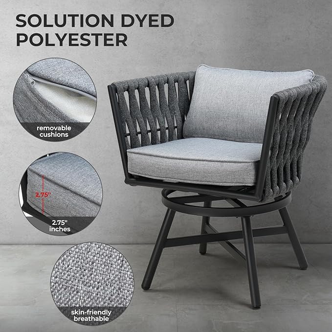 Grand patio 5-Piece Outdoor Dining Set for 4, Patio Dining Furniture Set for 4 Swivel Rope Wicker Chairs & 1 Expandable Rectangular Dining Table, Dark Gray