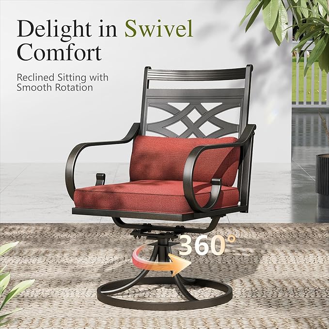 Sophia and William Swivel Patio Dining Set for 6, Outdoor Table and Chairs, Removable Red Seat Cushions, 60" Black Patio Dining Table,Red