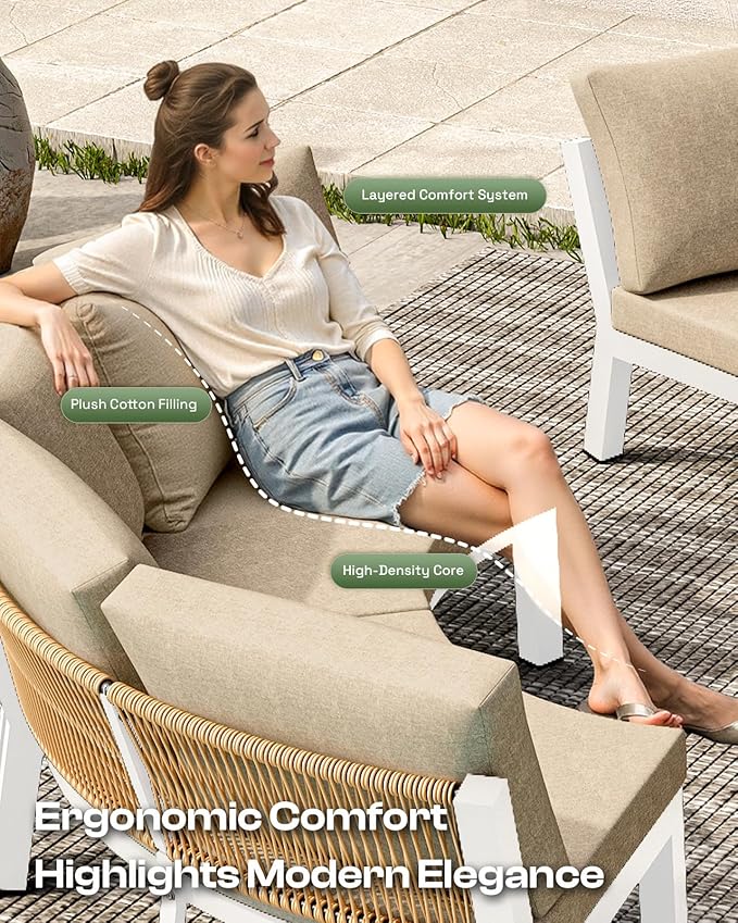 Outdoor Patio Sectional Modular Sofa, Aluminum 1 Piece Curved Patio Couch with Washable Cushions, All Weather PE Rope Sofa for Backyard,Porch, Deck, Poolsid, White