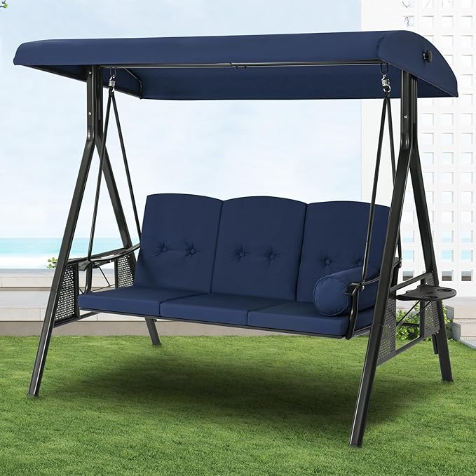 U-MAX 3-Seat Porch Swing Chair Steel Frame, Patio Swing Chair with Stand and Removable Cushions, Outdoor Canopy Swing Chair for Outside, Backyard, Garden, Deep Blue Cushion