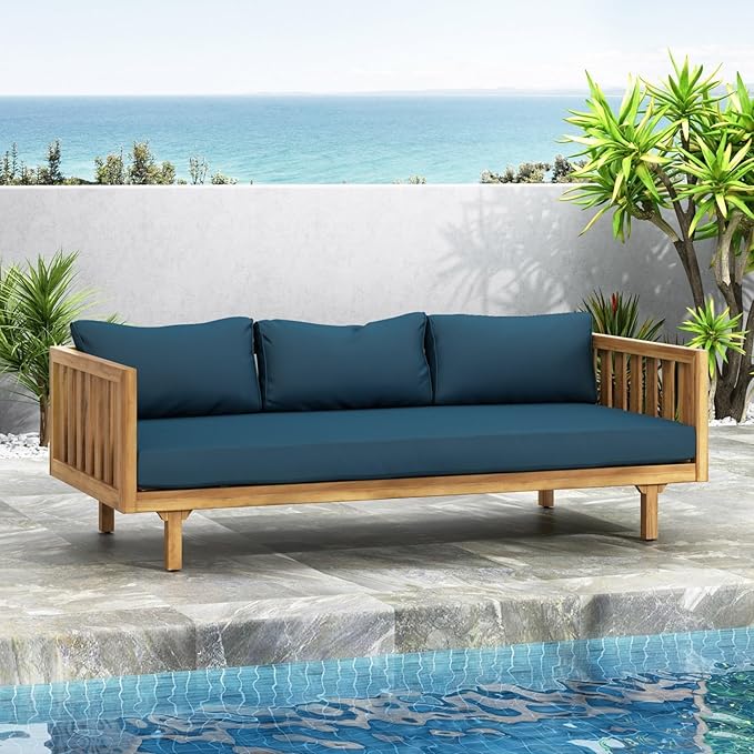 Merax Solid Acacia Wood Couch Chaise Lounge Chair Indoor, 3 Seater Daybed Sofa Couches with Cushions & Pillow, Heavy Frame Day Bed for Living Room, Office, Outdoor, Balcony, Patio, Water Resistant