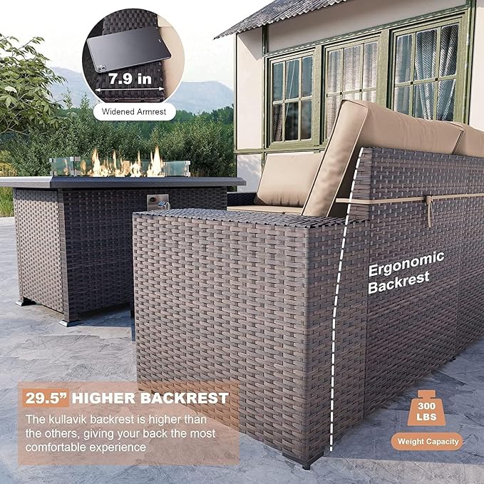Kullavik 10 Pieces Outdoor Patio Furniture Set,PE Wicker Rattan Sectional Sofa Patio Conversation Sets with 43" 55000BTU Gas Propane Fire Pit Table,Swivel Rocking Chairs Set,Sand