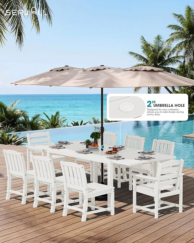 SERWALL 9-Piece Outdoor Dining Set, 60" - 83" Expandable Outdoor Dining Table and 8 HDPE Chairs, All Weather HDPE Outdoor Furniture Set for Backyard, Garden, White