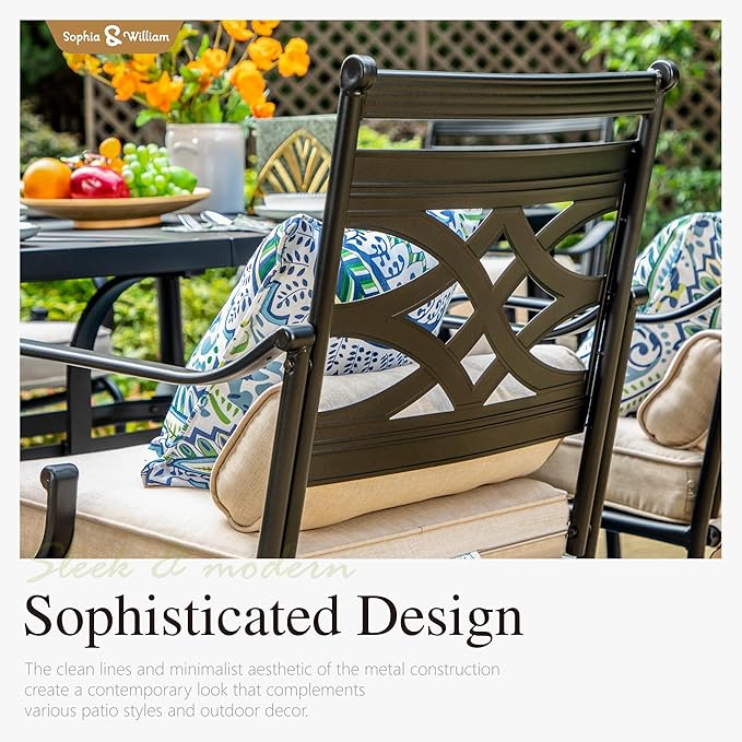 Sophia & William Swivel Patio Dining Set for 6 | Outdoor Table and Chairs | Removable Seat Cushions | 64" Metal Tabletop with Wood Texture