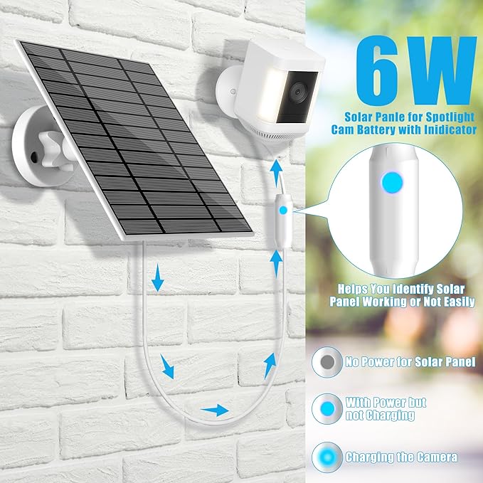 6W Solar Panel Compatible with Ring Spotlight Cam Plus/Pro and Stick Up Cam Battery, Solar Power Charger for Ring Cam with Indicator Light,13ft Cable IP66 Solar Panel USB-C and DC3.5mm Ports