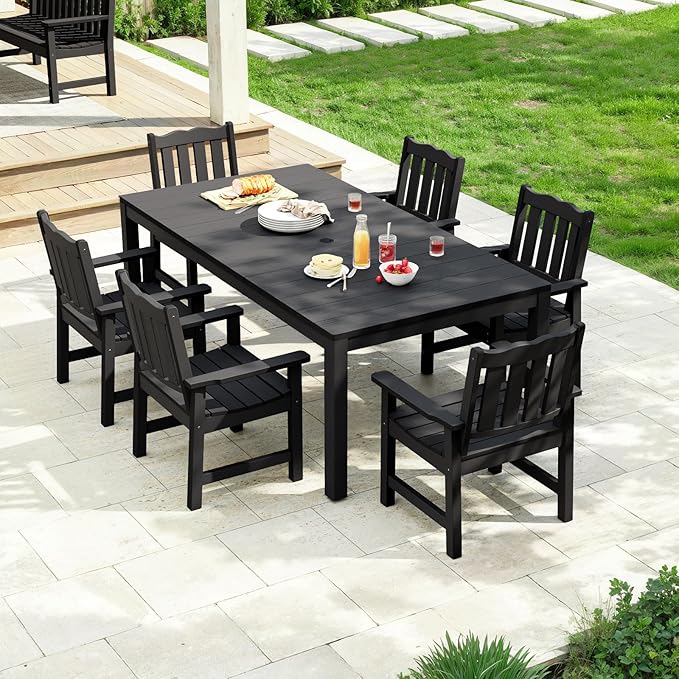 Stoog 7 Pieces Patio Dining Sets, All-Weather HIPS Material & Aluminum Frame Dining Table with 2" Umbrella Hole, Outdoor Dining Table Set for 6, Never Rot or Fade, Black