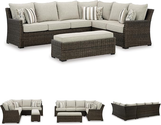 Signature Design by Ashley Brook Ranch Casual Nuvella Weather Resistant Fabric Right Hand Facing Outdoor Sofa Sectional/Bench with Cushion and 6 Throw Pillows, Set of 3, Beige & Dark Brown