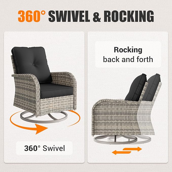 10-Piece Outdoor Patio Furniture Set with Rocking Swivel Chair, PE Wicker Rattan Sectional Sofa Patio Conversation Set with 55,000 BTU Fire Pit Table & Coffee Table, Dark Grey