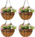 Outdoor Metal Hanging Planters Basket (4pack, 10 inch) Hanging Baskets for Plants Chain Round Wire Plant Holder with Coco Fiber Liners for Garden, Patio, Deck, Porch(Flower Border)