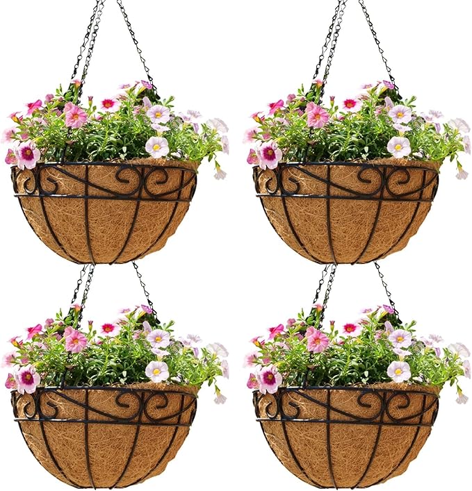 Outdoor Metal Hanging Planters Basket (4pack, 10 inch) Hanging Baskets for Plants Chain Round Wire Plant Holder with Coco Fiber Liners for Garden, Patio, Deck, Porch(Flower Border)